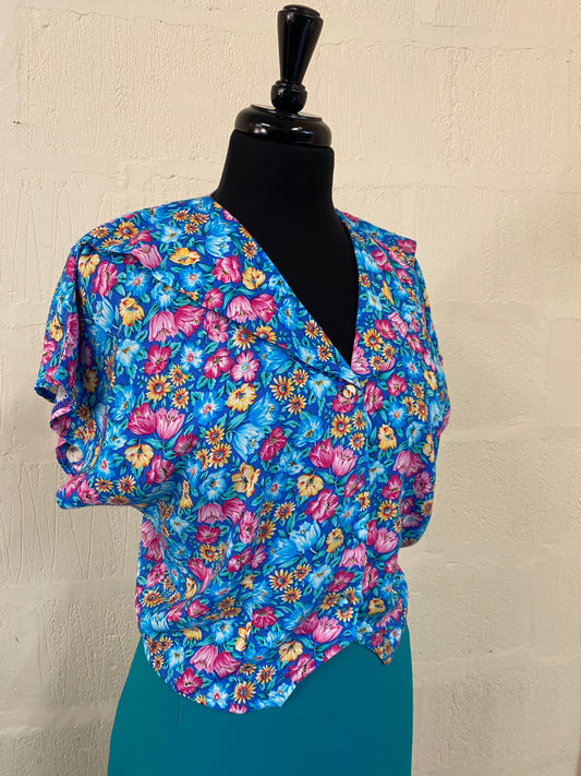 90s Bright Floral Crop Blouse Size 8-10