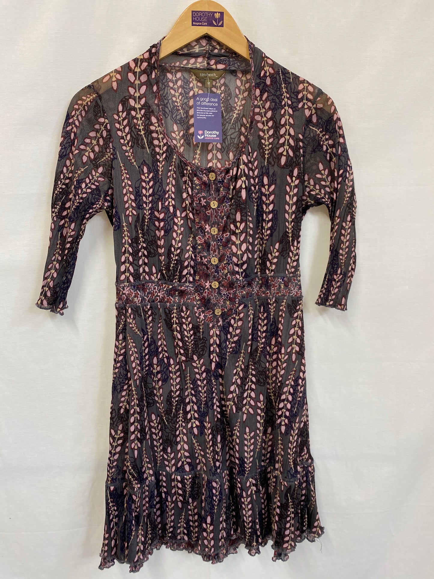 Sheer Mesh Button Front Grey | Pink Floral Dress Size M