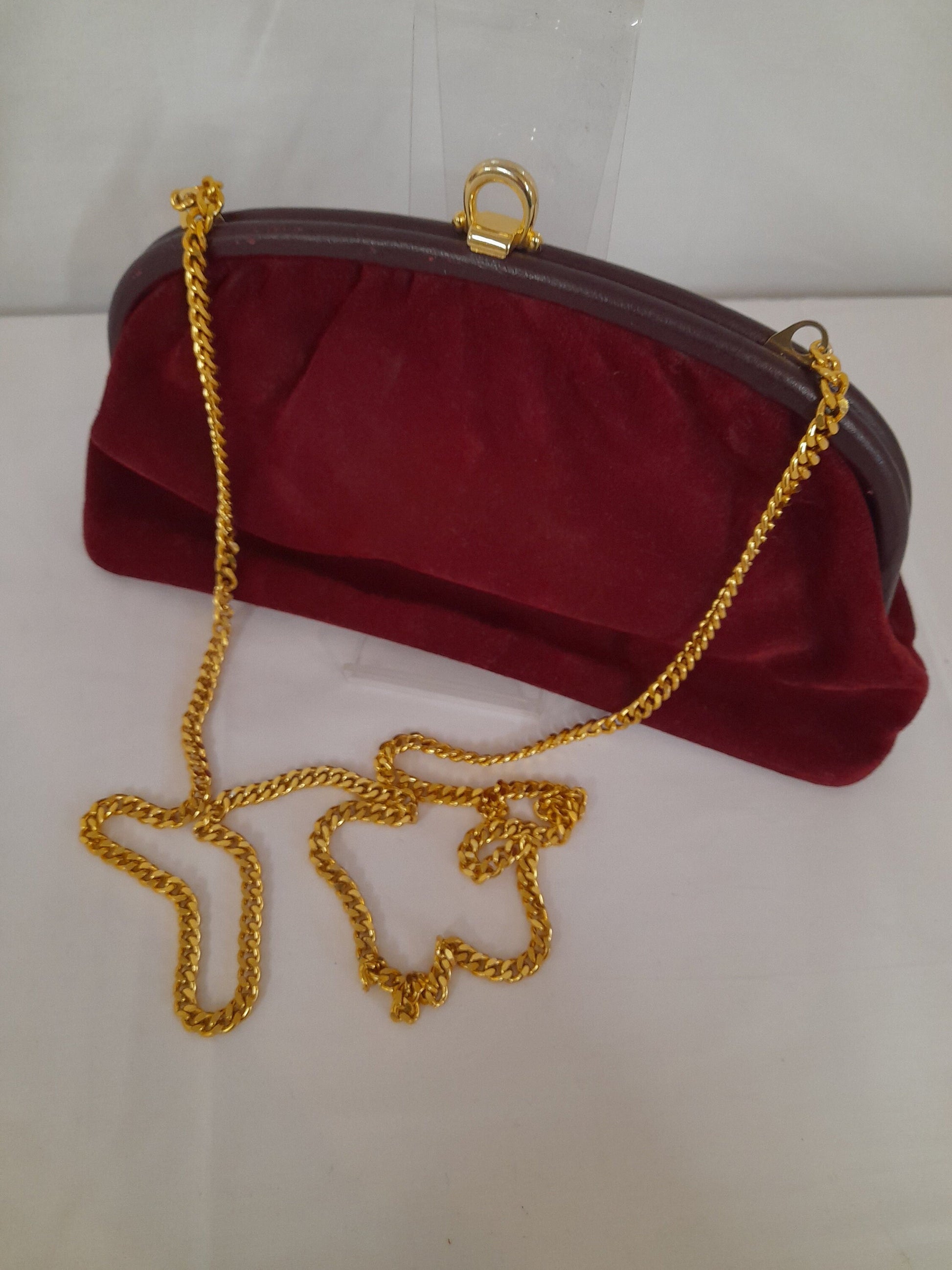 Vintage Red Suede Evening Bag With Gold Chain