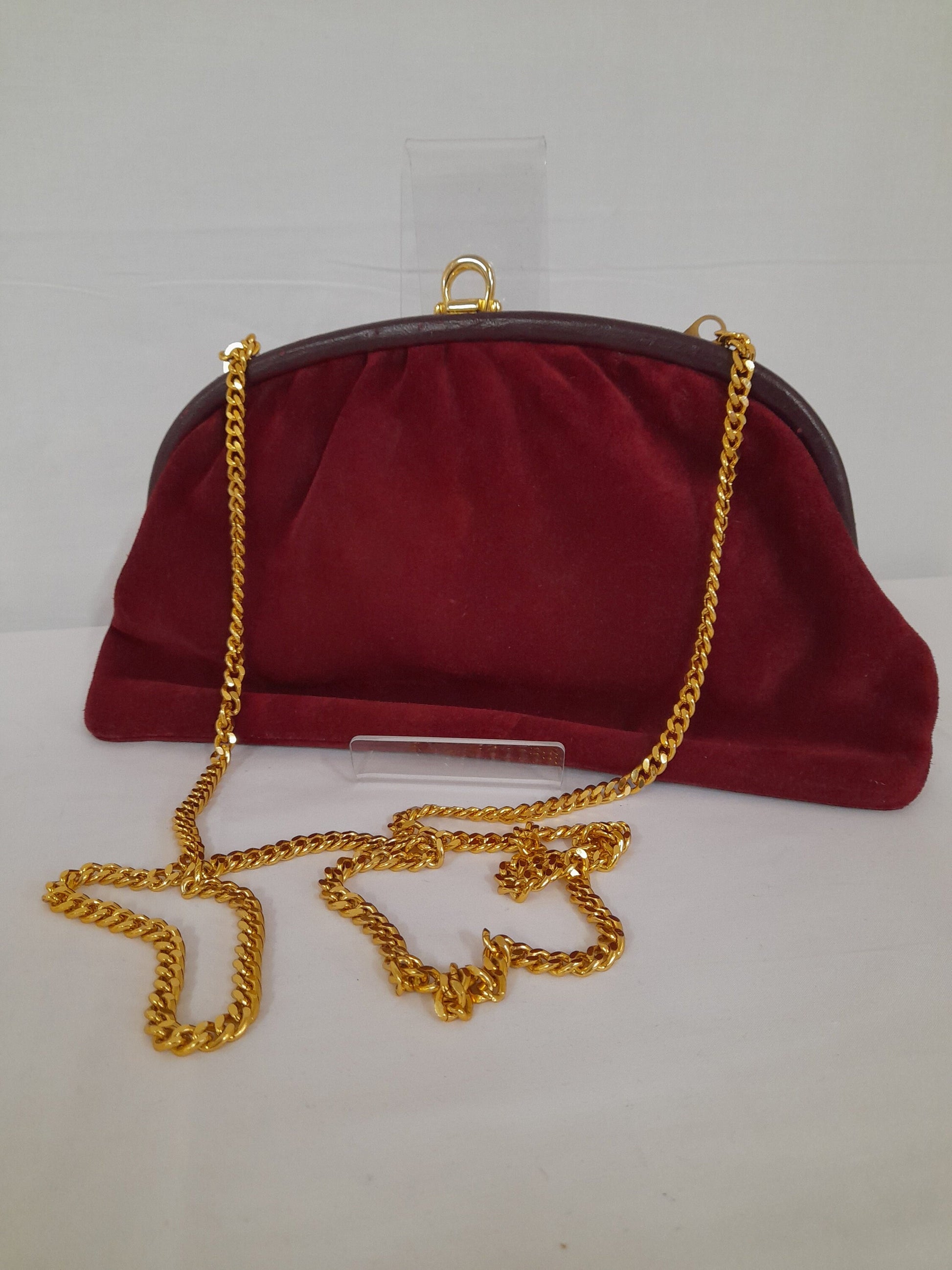 Vintage Red Suede Evening Bag With Gold Chain