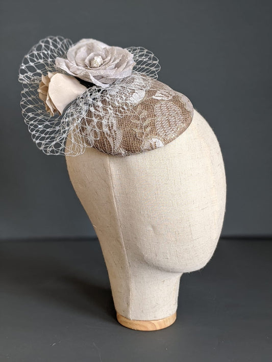 Ladies Original Bespoke British Handmade Antique Rose and Beige Fascinator