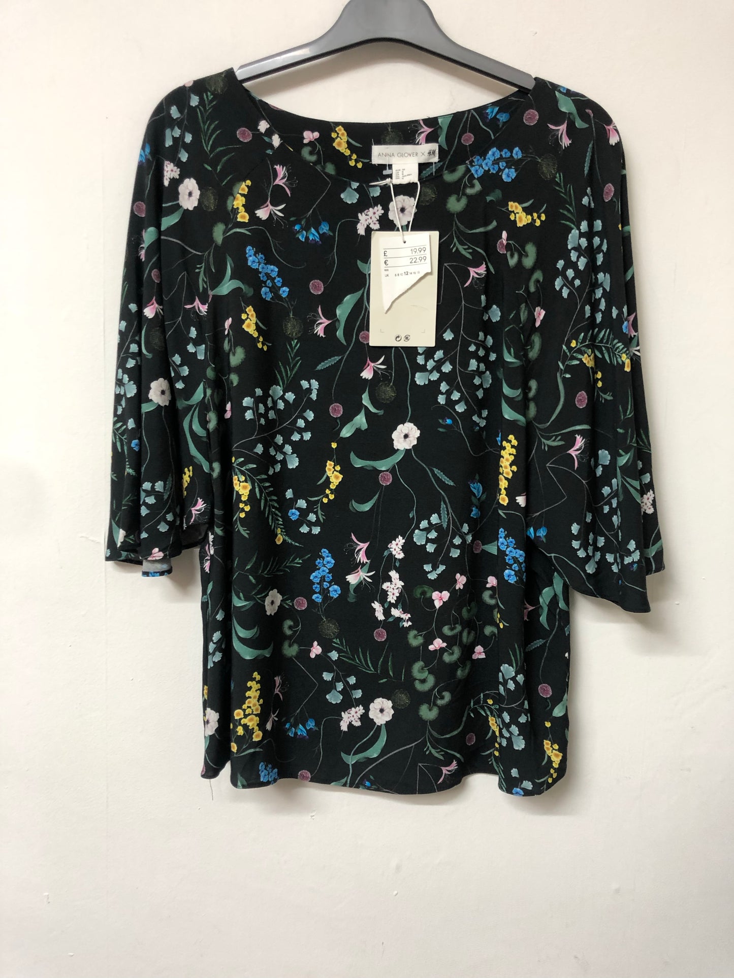 Anna Glover X H&M Black Floral Print Top Size 12 BNWT