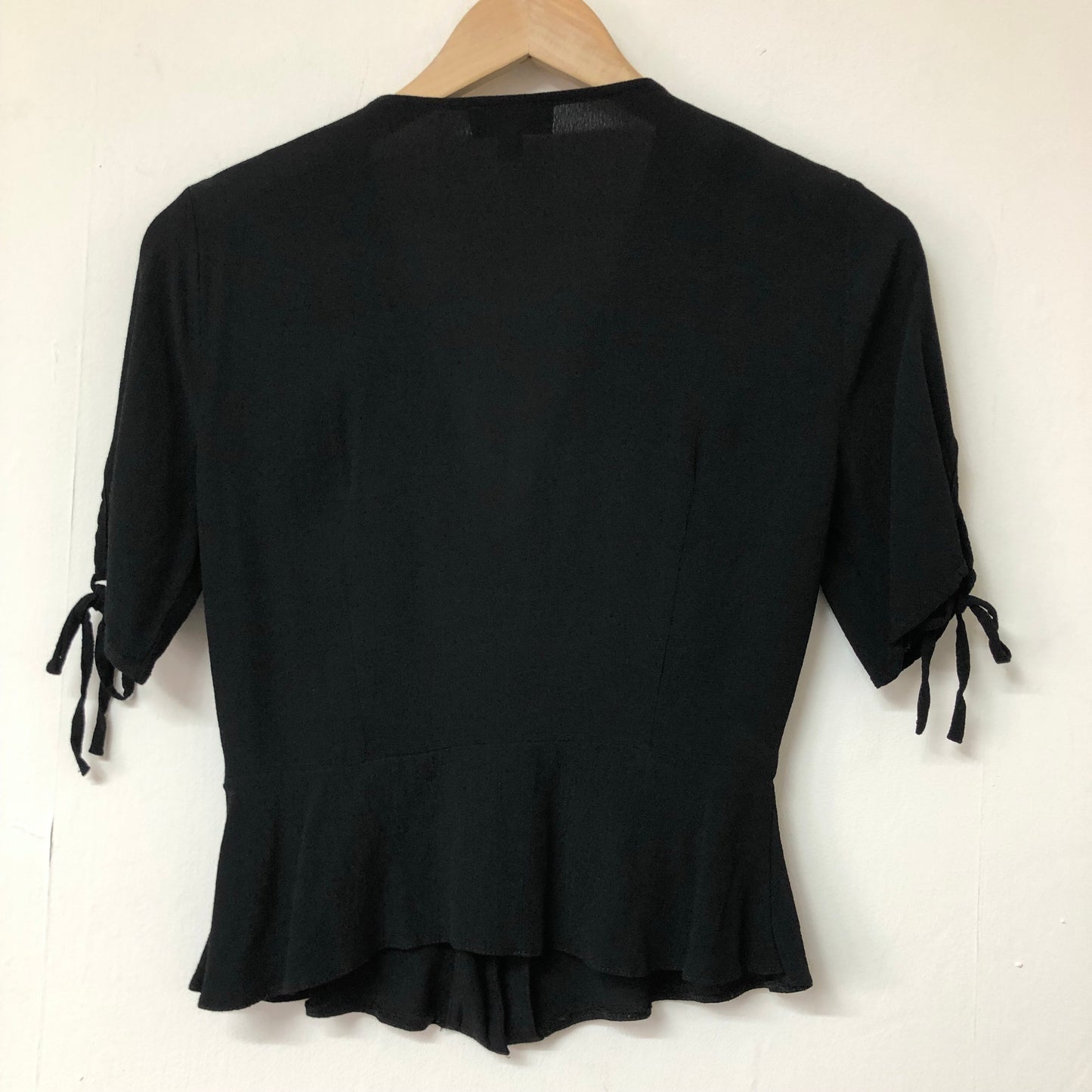 Top Shop Black Peplum Top With Fabric Tie Sleeve Detail Size 6