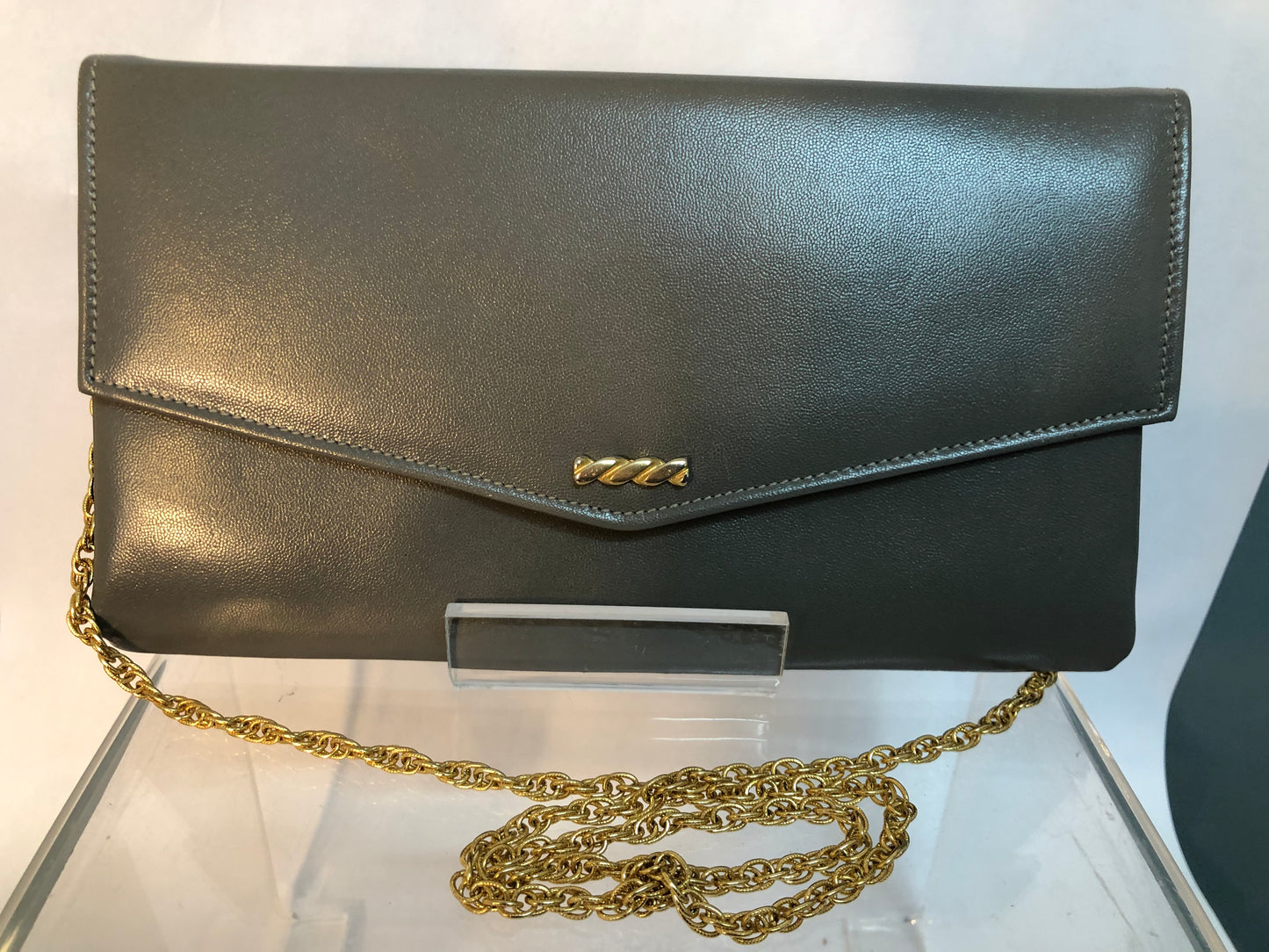 Grey Leather Crossbody Bag with Gold Chain Straps