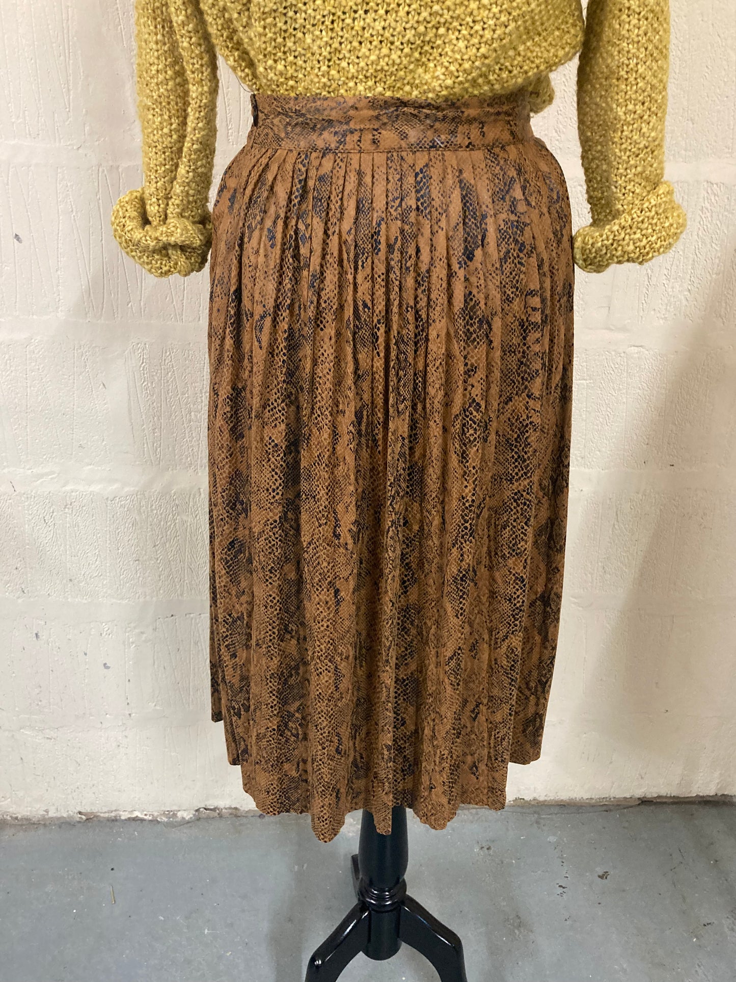 Snakeskin Suedette Brown and Black Pleated Midi Skirt Size 10